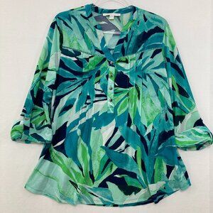 Juniper + Lime size 1X Blue Green Leaf Print V Neck Pintuck Stretch Popover Top